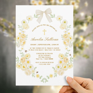 Yellow Flowers Frame Bow Baptism Invitation