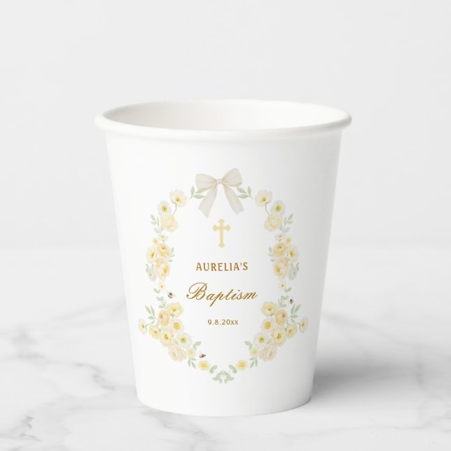 Yellow Flowers Frame Bow Baptism Paper Cups (Front)