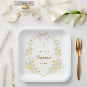 Yellow Flowers Frame Bow Baptism Paper Plate