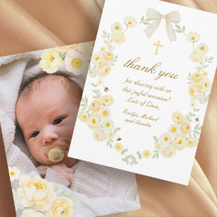 Yellow Flowers Frame Bow Baptism Thank You Card