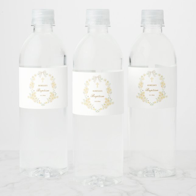 Yellow Flowers Frame Bow Baptism Water Bottle Label (Bottles)