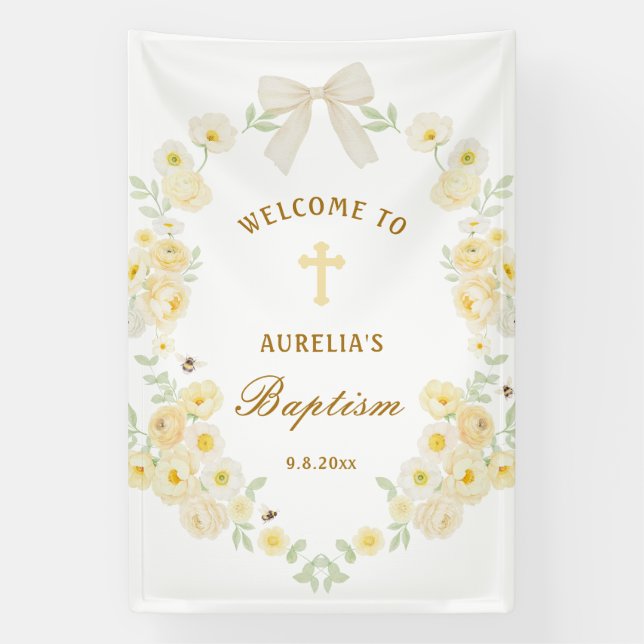 Yellow Flowers Frame Bow Baptism Welcome Banner (Vertical)