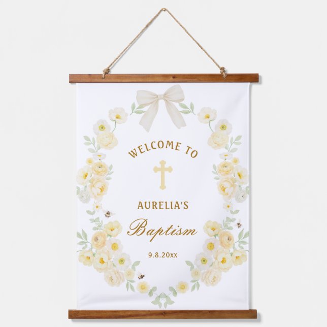 Yellow Flowers Frame Bow Baptism Welcome Hanging Tapestry (Front)