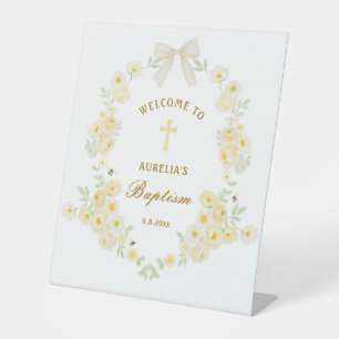 Yellow Flowers Frame Bow Baptism Welcome Pedestal Sign
