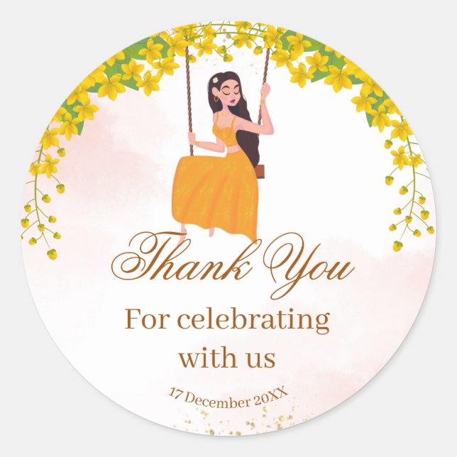 Yellow flowers girl's haldi thank you label (Front)
