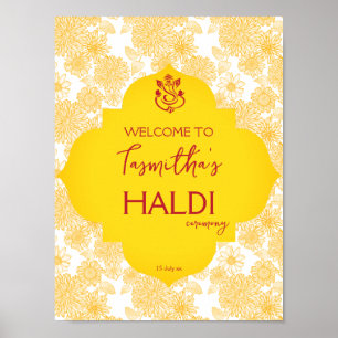 Yellow flowers girl's haldi welcome sign
