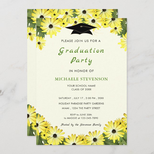 Yellow Flowers Graduation Invitation Template (Front/Back)