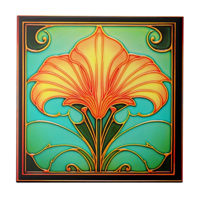 Yellow Flowers Green Leaves Art Deco Ceramic Tile (Front)