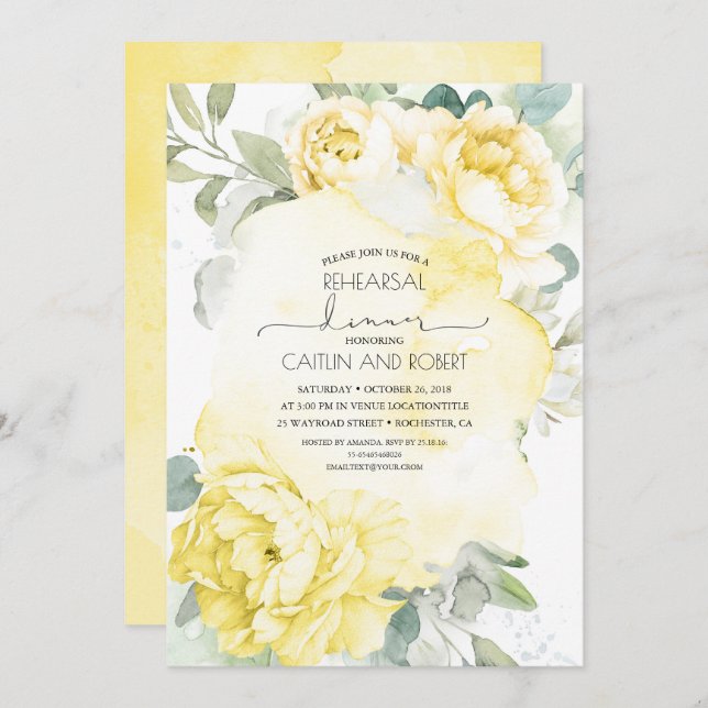 Yellow Flowers Greenery Elegant Rehearsal Dinner Invitation (Front/Back)