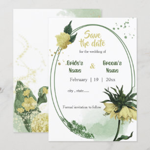 yellow flowers greenery geometric save the date invitation