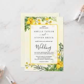 Yellow flowers greenery transparency frame wedding invitation