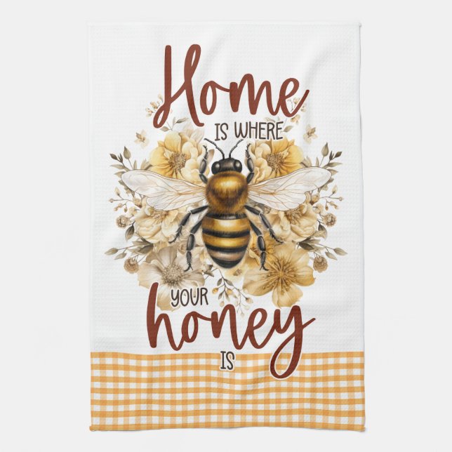 Yellow Flowers Home is Where Your Honey Is Bee Tea Towel (Vertical)