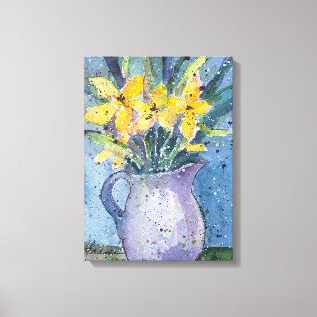 Yellow Flowers in Blue Vase watercolor Canvas Print (Front)