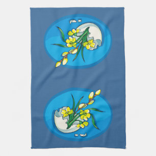 Yellow Flowers in Egg Blue Tea Towel
