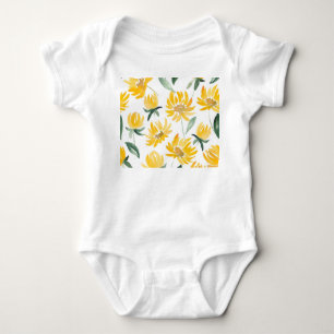 Yellow Flowers Leaf Summer Pattern Baby Bodysuit