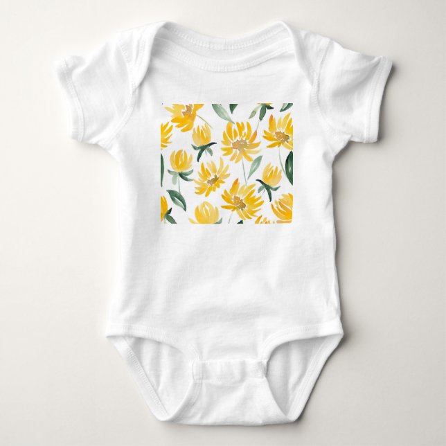 Yellow Flowers Leaf Summer Pattern Baby Bodysuit (Front)
