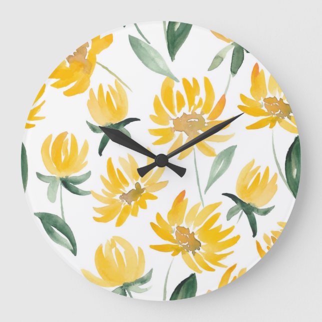 Yellow Flowers Leaf Summer Pattern Large Clock (Front)