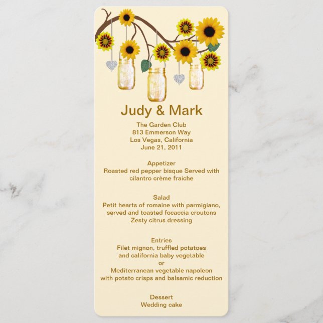 Yellow Flowers Mason Jars Menu Card (Front)