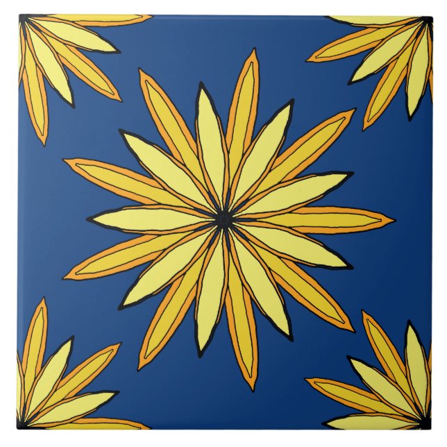 Yellow flowers on a Navy Blue background Tile (Front)
