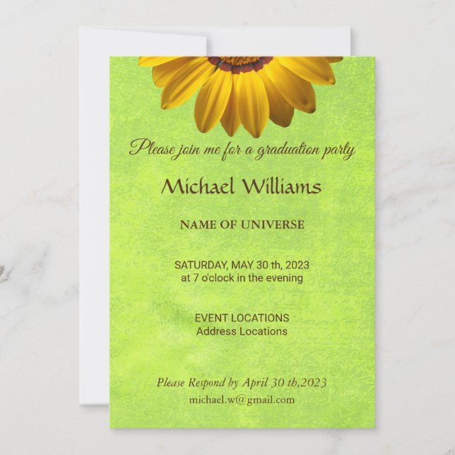 Yellow Flowers on Abstract Green Monogram Invitation (Front)