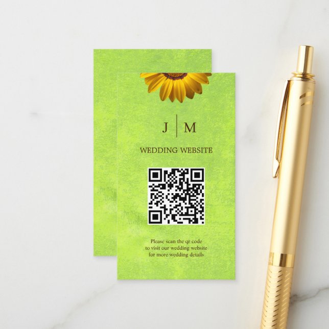 Yellow Flowers on Abstract Green Wedding Enclosure Card (Front/Back In Situ)