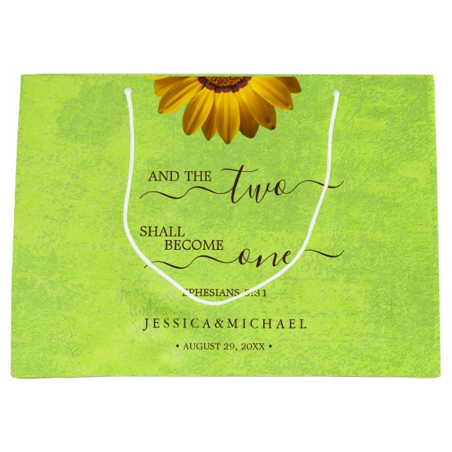 Yellow Flowers on Abstract Green Wedding Large Gift Bag (Front)