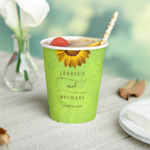 Yellow Flowers on Abstract Green Wedding Paper Cups