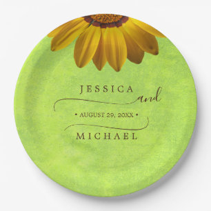 Yellow Flowers on Abstract Green Wedding Paper Plate