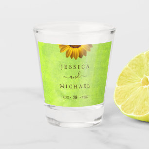 Yellow Flowers on Abstract Green Wedding Shot Glass