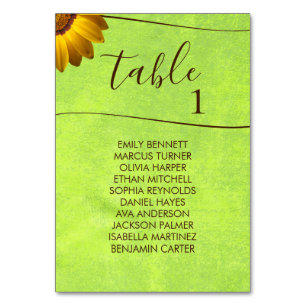 Yellow Flowers on Abstract Green Wedding Table Number