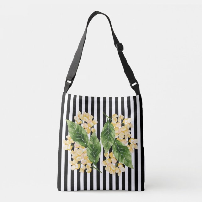 Yellow flowers on black and white stripes crossbody bag (Back)