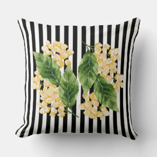 Yellow flowers on black and white stripes cushion