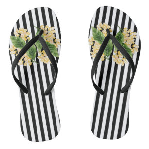 Yellow flowers on black and white stripes jandals