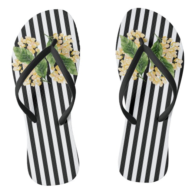Yellow flowers on black and white stripes jandals (Footbed)
