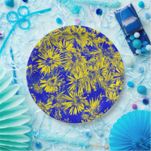 Yellow Flowers On Blue Paper Plate