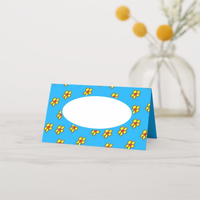 Yellow flowers on blue place card (Front)