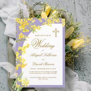 Yellow Flowers on Lavender Religious Wedding Invitation