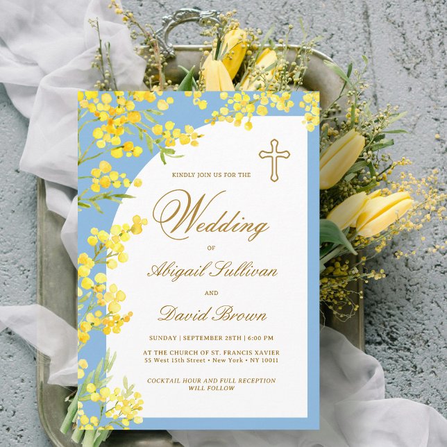 Yellow Flowers on Light Blue Religious Wedding Invitation (Creator Uploaded)