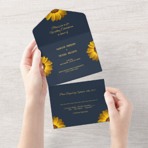 Yellow Flowers on Navy Blue background Monogram In All In One Invitation