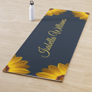 Yellow Flowers on Navy Blue background Monogram Yoga Mat