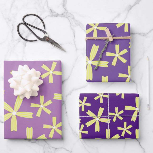 Yellow Flowers on Purple Pattern Wrapping Paper Sheet (Front)