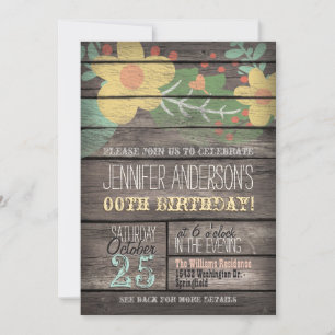 Yellow Flowers on Rustic Adult Teen Birthday Invitation