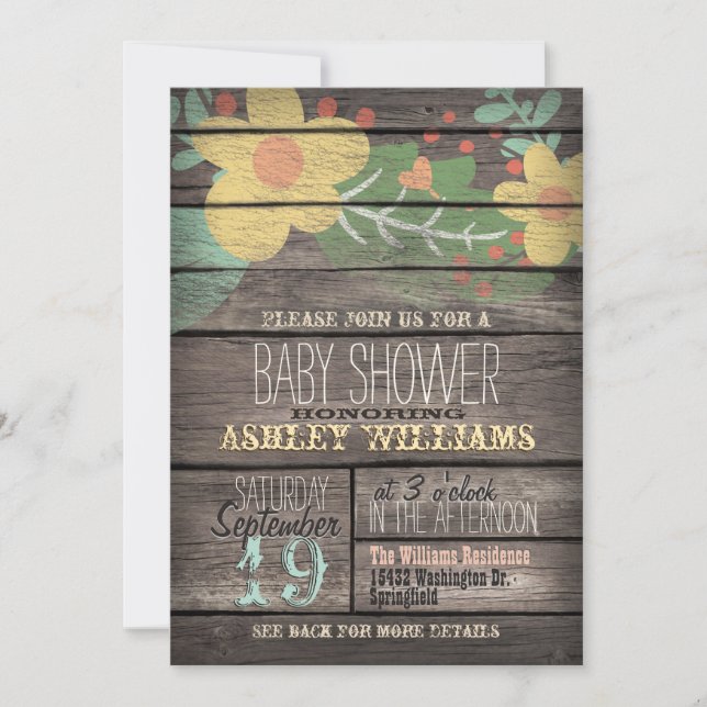 Yellow Flowers on Rustic Wood Baby Shower Invitation (Front)