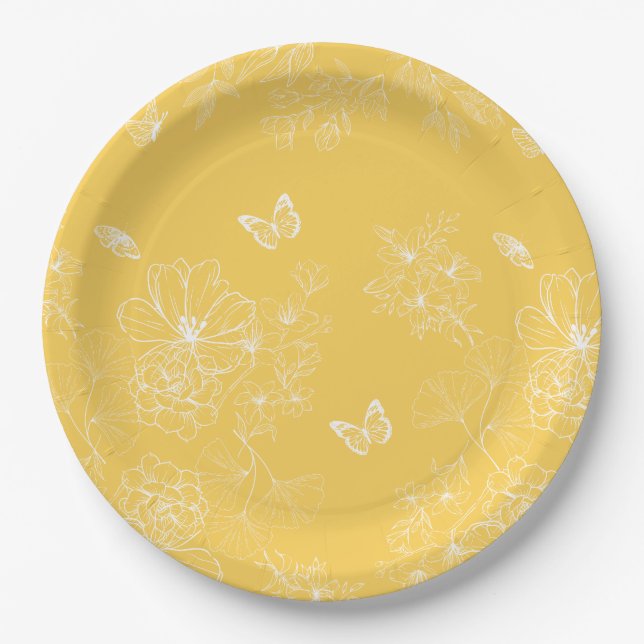 Yellow Flowers Pattern, Floral, Minimalist Paper Plate (Front)
