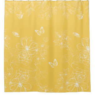 Yellow Flowers Pattern, Floral, Minimalist Shower Curtain