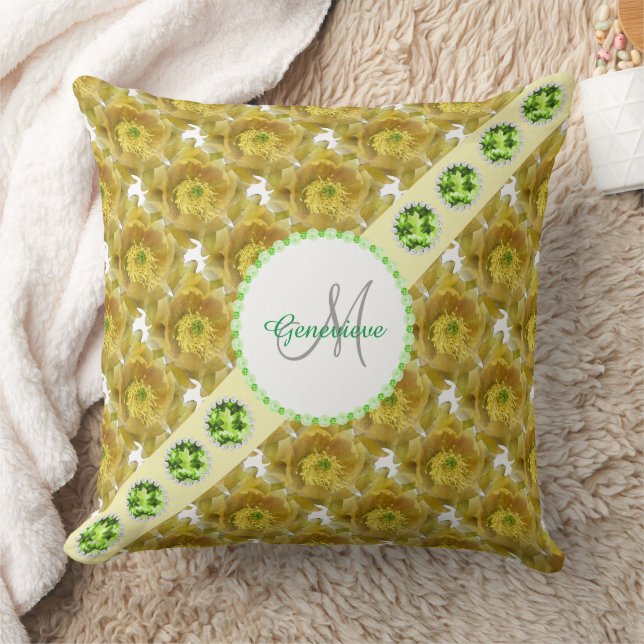 Yellow Flowers Pattern, Green Gemstones & Pearls Cushion (Blanket)