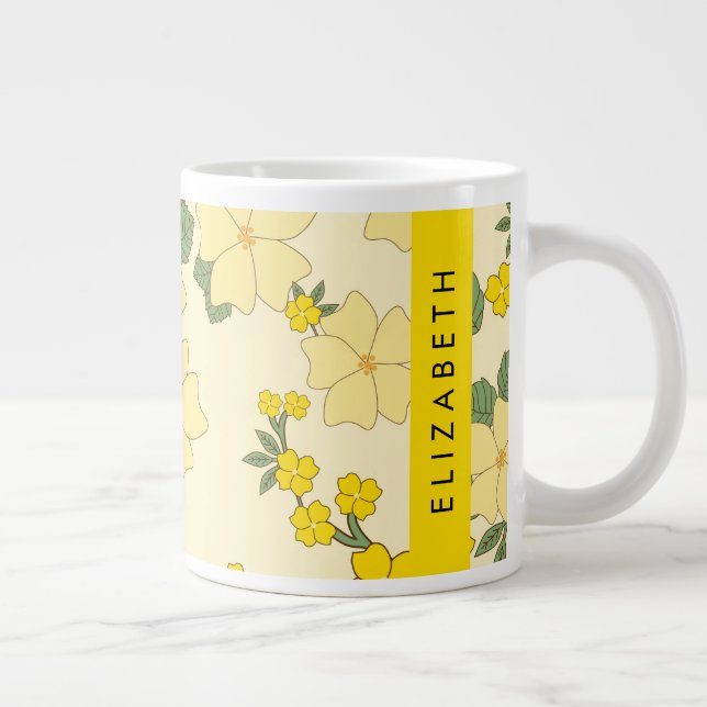 Yellow Flowers, Pattern Of Flowers, Your Name Large Coffee Mug (Right)