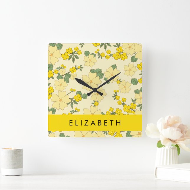 Yellow Flowers, Pattern Of Flowers, Your Name Square Wall Clock (Home)