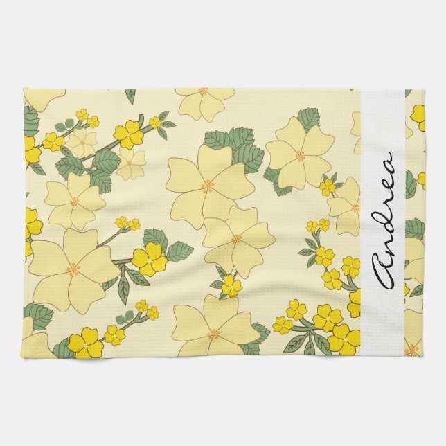 Yellow Flowers, Pattern Of Flowers, Your Name Tea Towel (Horizontal)