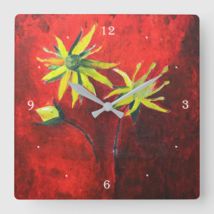 Yellow Flowers Red Background Art Painting Square Wall Clock